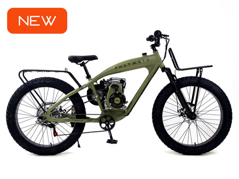 PHATMOTO™ ALL TERRAIN Fat Tire 2023 - 79cc Motorized Bicycle 7-Speed (Matte Army Green) - Gasbike.net