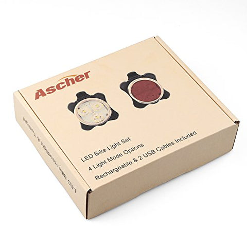 Ascher USB Rechargeable Bike Light Set,Super Bright Front Headlight and Free Rear LED Bicycle Light,650mah Lithium Battery,4 Light Mode Options, Water Resistant IPX4(2 USB cables and 4 Strap Included) - Gasbike.net