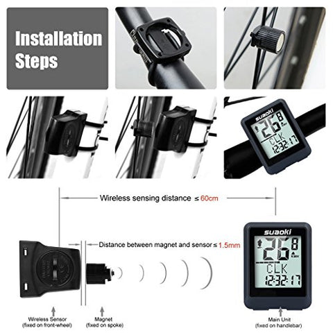 Suaoki Wireless Bike Computer Bicycle Speedometer Bike Odometer with LCD Backlight, 5 Language Displays, Auto Power On/Off Systems, Multi Function for Cycling - Gasbike.net