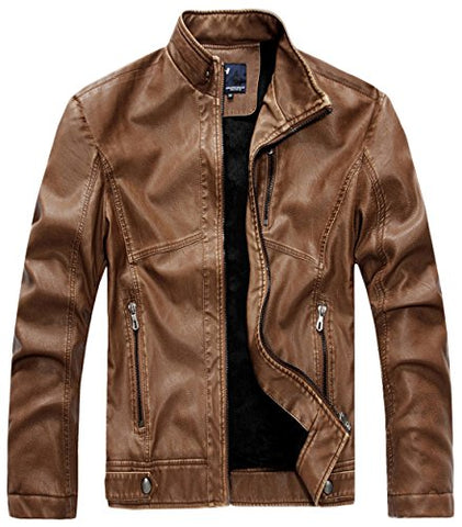 Chouyatou Men's Vintage Stand Collar Pu Leather Jacket - Gasbike.net