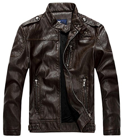 Chouyatou Men's Vintage Stand Collar Pu Leather Jacket - Gasbike.net