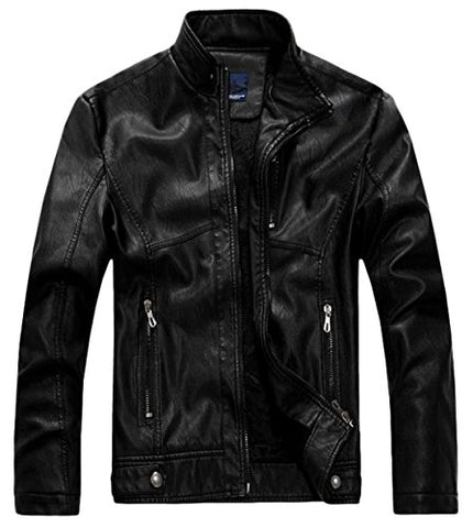 Chouyatou Men's Vintage Stand Collar Pu Leather Jacket - Gasbike.net
