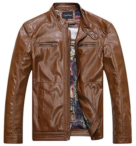 Chouyatou Men's Vintage Stand Collar Pu Leather Jacket - Gasbike.net