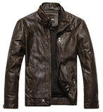 Chouyatou Men's Vintage Stand Collar Pu Leather Jacket - Gasbike.net