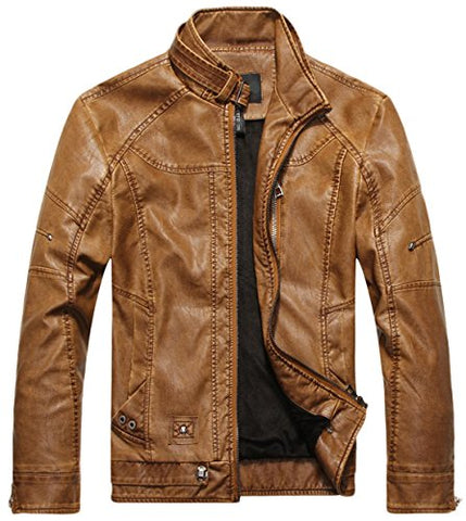 Chouyatou Men's Vintage Stand Collar Pu Leather Jacket - Gasbike.net
