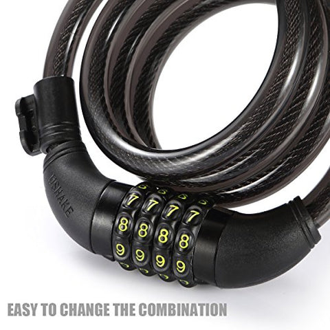 UShake Bike Lock Cable, 4-Feet Bike Cable Basic Self Coiling Resettable Combination Cable Bike Locks with Complimentary Mounting Bracket, 4 Feet x 1/2 Inch - Gasbike.net