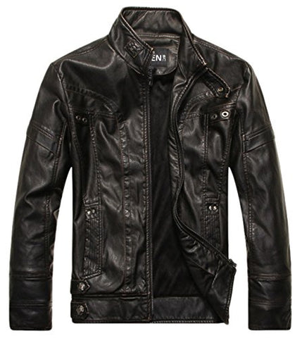 Chouyatou Men's Vintage Stand Collar Pu Leather Jacket - Gasbike.net