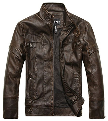Chouyatou Men's Vintage Stand Collar Pu Leather Jacket - Gasbike.net