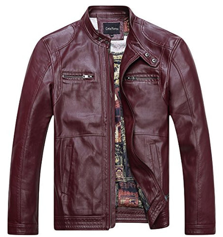 Chouyatou Men's Vintage Stand Collar Pu Leather Jacket - Gasbike.net
