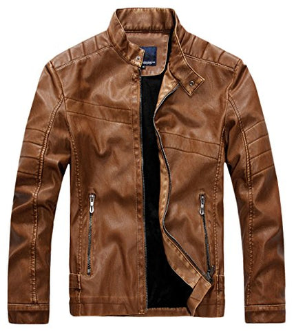 Chouyatou Men's Vintage Stand Collar Pu Leather Jacket - Gasbike.net