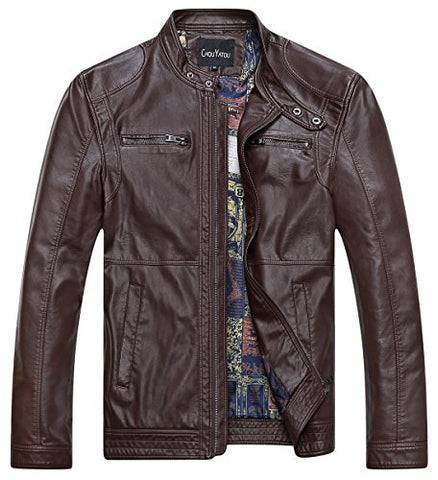 Chouyatou Men's Vintage Stand Collar Pu Leather Jacket - Gasbike.net