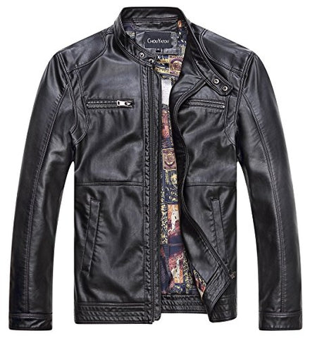 Chouyatou Men's Vintage Stand Collar Pu Leather Jacket - Gasbike.net