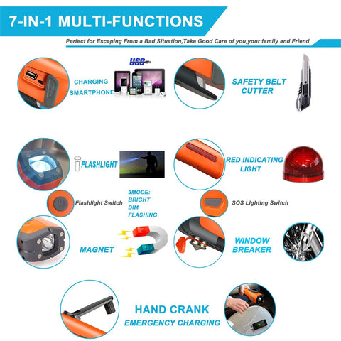 Emergency Tool Kit with LED Flashlight & USB Charger 7-in-1 Rescue Tool Vehicle Emergency Escape Tool with Window Breaker & Seat Belt Cutter Car Safety Hammer for Roadside / Automotive Emergency Kit - Gasbike.net