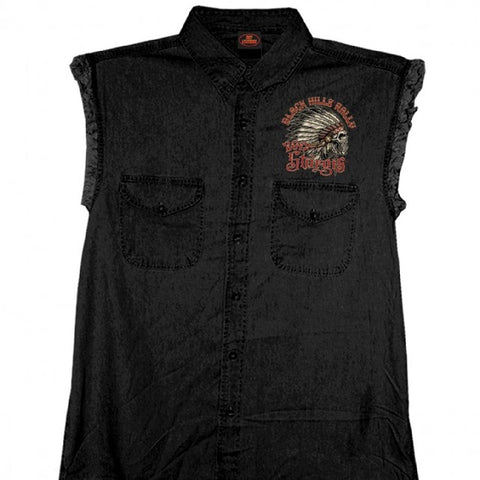 Official 2017 Sturgis Motorcycle Rally Headdress Earth Mens Black Sleeveless Denim - Gasbike.net