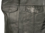 Mens Leather Club Style Vest W/ Concealed Gun Pockets, Cowhide Leather Biker Vest, Single Panel Back (Black, L) - Gasbike.net