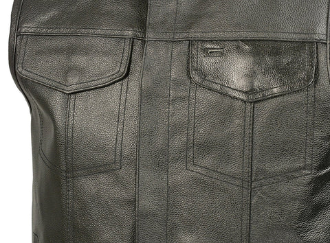 Mens Leather Club Style Vest W/ Concealed Gun Pockets, Cowhide Leather Biker Vest, Single Panel Back (Black, L) - Gasbike.net