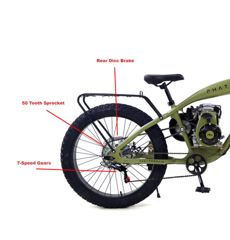 PHATMOTO™ ALL TERRAIN Fat Tire 2023 - 79cc Motorized Bicycle 7-Speed (Matte Army Green) - Gasbike.net