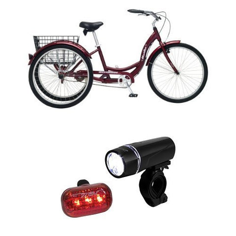 Schwinn Meridian Adult 26-Inch 3-Wheel Bike (Black Cherry) and BV Bicycle Light Set Super Bright 5 LED Headlight, 3 LED Taillight, Quick-Release - Gasbike.net