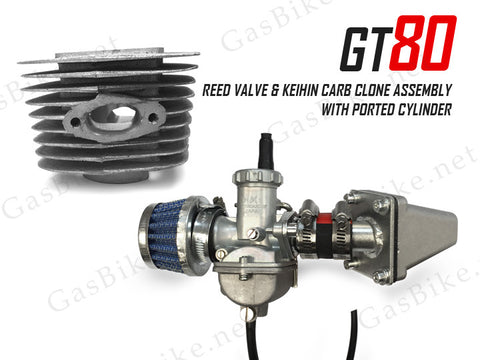 GT80 Reed Valve & Keihin Carburetor Clone Assembly with Ported Cylinder - Gasbike.net