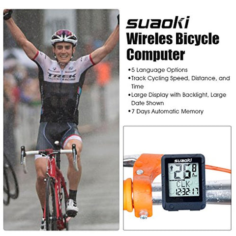 Suaoki Wireless Bike Computer Bicycle Speedometer Bike Odometer with LCD Backlight, 5 Language Displays, Auto Power On/Off Systems, Multi Function for Cycling - Gasbike.net