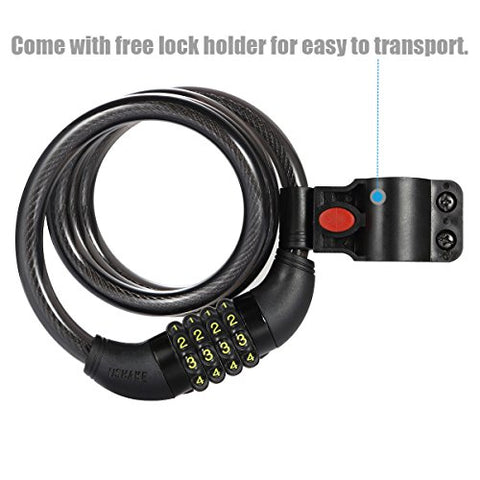 UShake Bike Lock Cable, 4-Feet Bike Cable Basic Self Coiling Resettable Combination Cable Bike Locks with Complimentary Mounting Bracket, 4 Feet x 1/2 Inch - Gasbike.net