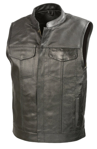 Mens Leather Club Style Vest W/ Concealed Gun Pockets, Cowhide Leather Biker Vest, Single Panel Back (Black, L) - Gasbike.net